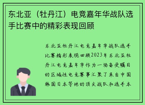 东北亚（牡丹江）电竞嘉年华战队选手比赛中的精彩表现回顾