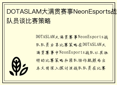 DOTASLAM大满贯赛事NeonEsports战队队员谈比赛策略