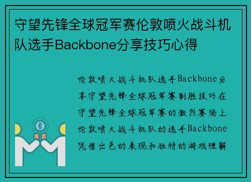 守望先锋全球冠军赛伦敦喷火战斗机队选手Backbone分享技巧心得